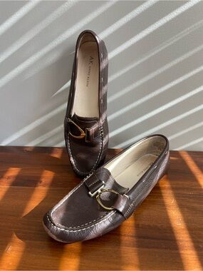 Anne Klein Dark Brown Leather Women’s Slip-On Loafers with Gold Accent